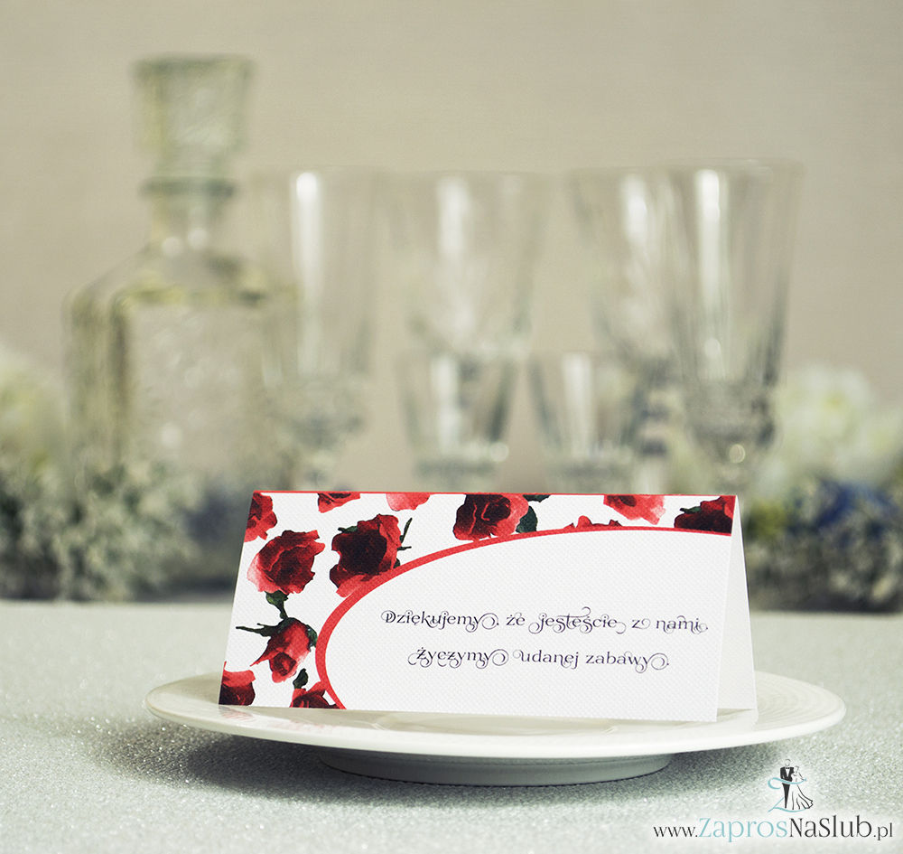 WIN-306 Kwiatowe winietki ślubne - składane na pół winietki różami, prostokątem oraz malowaną kokardką - Zaproszenia ślubne - na ślub rew