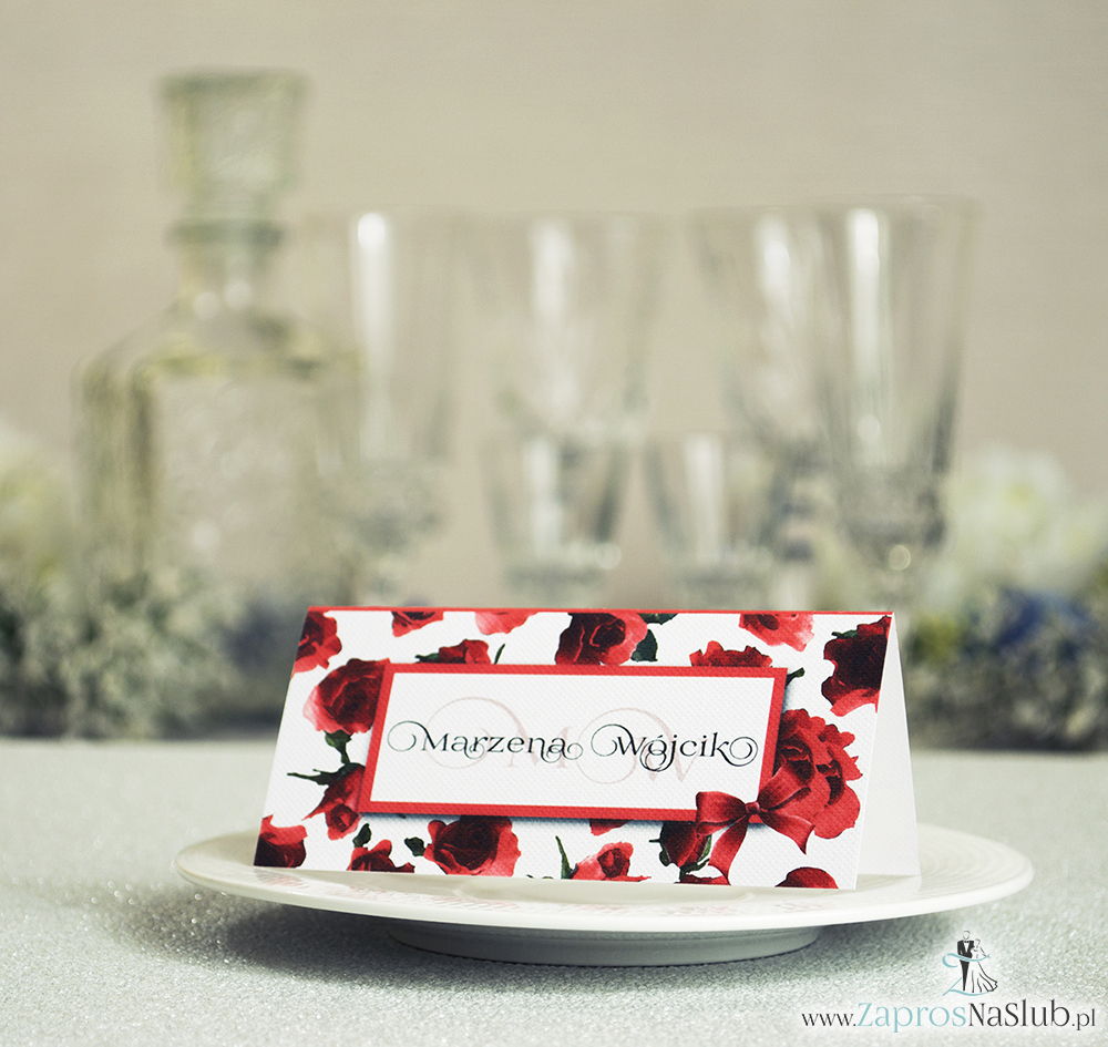 WIN-306 Kwiatowe winietki ślubne - składane na pół winietki różami, prostokątem oraz malowaną kokardką - Zaproszenia ślubne - na ślub