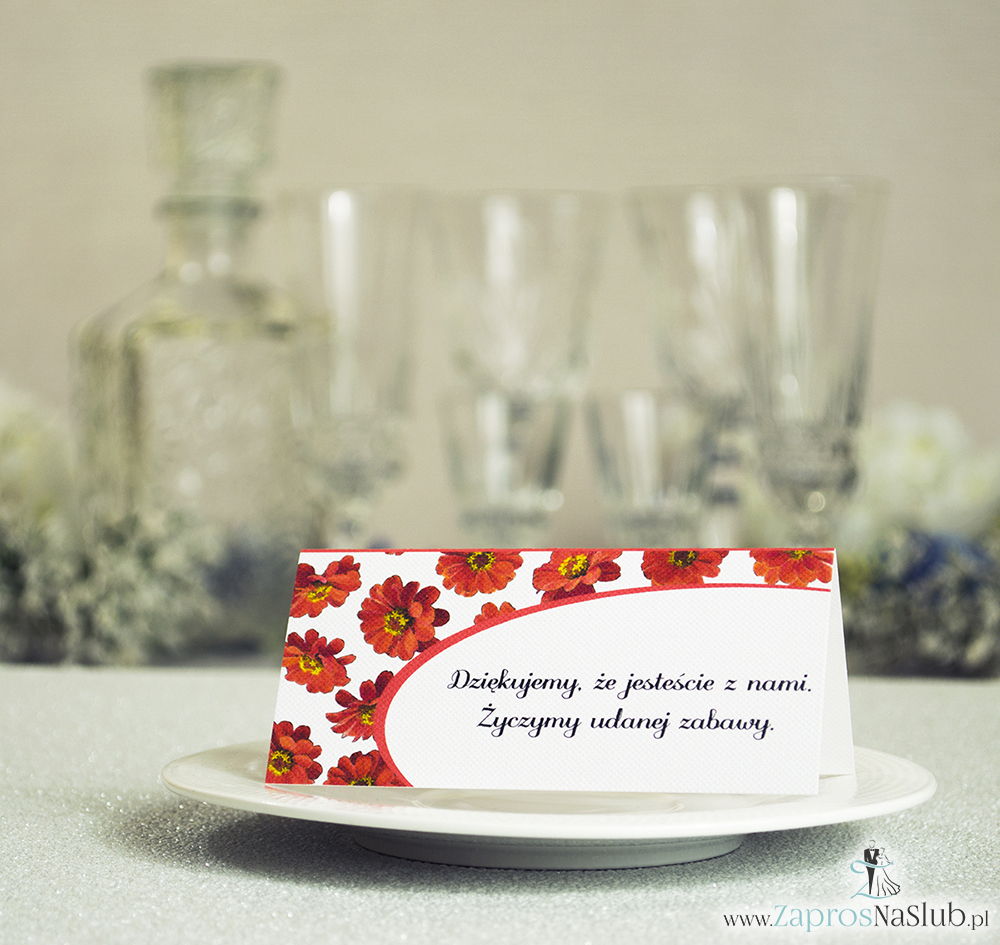 WIN-314 Kwiatowe winietki ślubne - składane na pół winietki z kwiatami gerbera, prostokątem oraz malowaną kokardką - Zaproszenia ślubne - na ślub rew