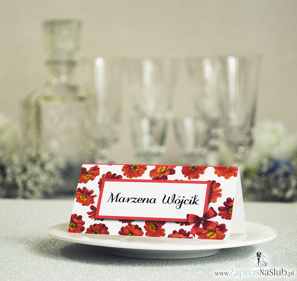 WIN-314 Kwiatowe winietki ślubne - składane na pół winietki z kwiatami gerbera, prostokątem oraz malowaną kokardką - Zaproszenia ślubne - na ślub