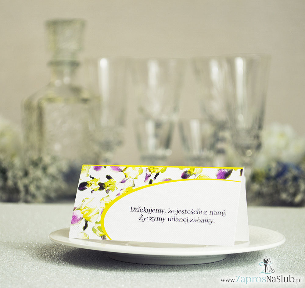 WIN-315 Kwiatowe winietki ślubne - składane na pół winietki z irysami, prostokątem oraz malowaną kokardką - Zaproszenia ślubne - na ślub rew