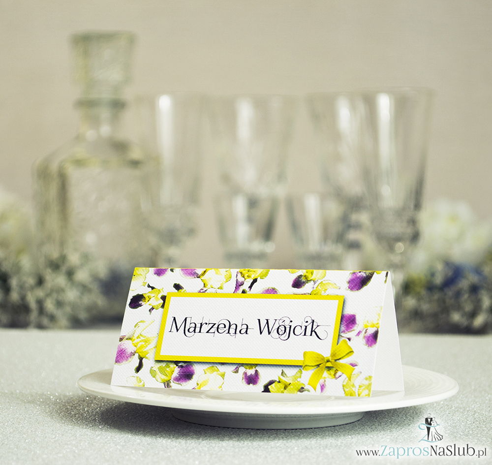 WIN-315 Kwiatowe winietki ślubne - składane na pół winietki z irysami, prostokątem oraz malowaną kokardką - Zaproszenia ślubne - na ślub