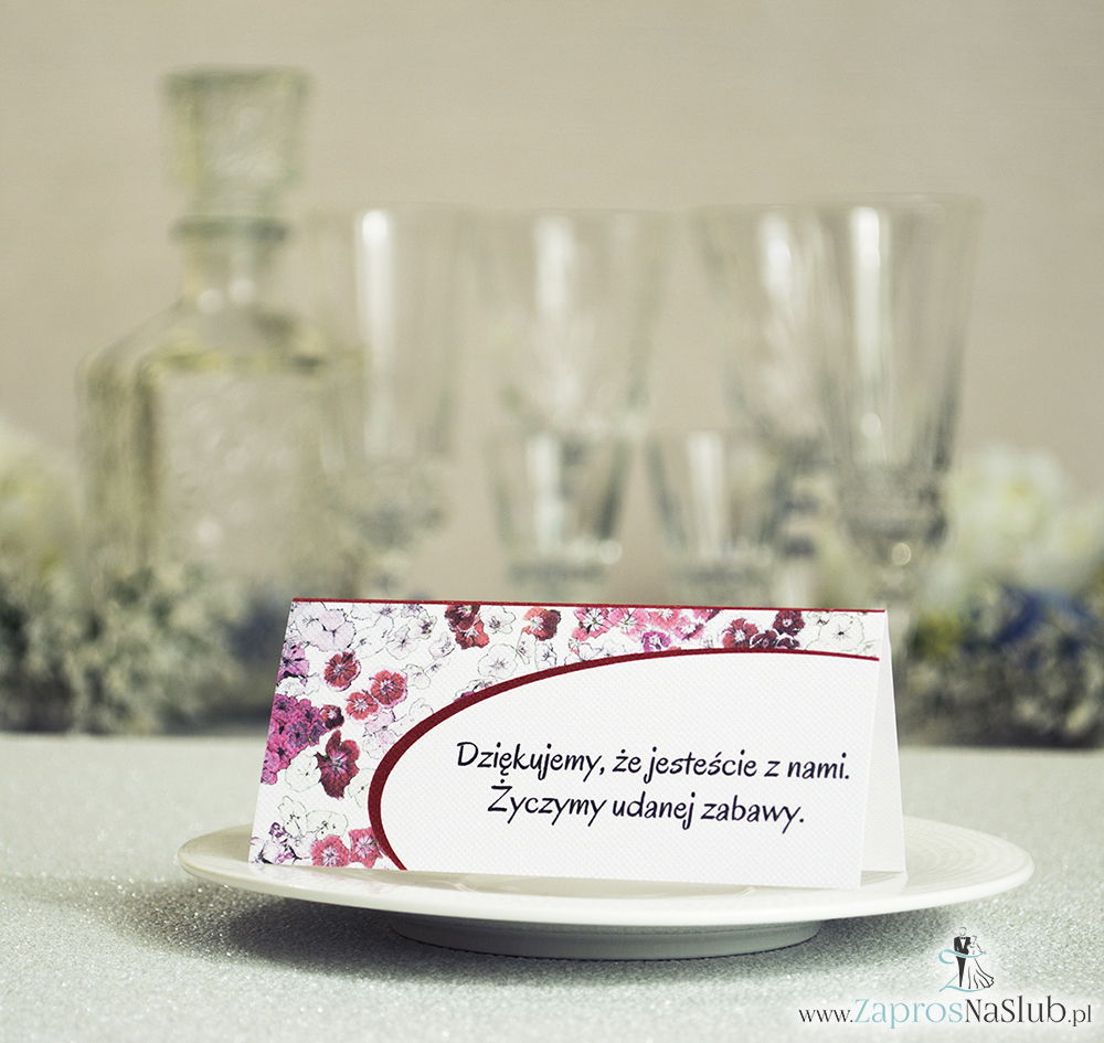 WIN-316 Kwiatowe winietki ślubne - składane na pół winietki z kwiatami goździków, prostokątem oraz malowaną kokardką - Zaproszenia ślubne - na ślub rew