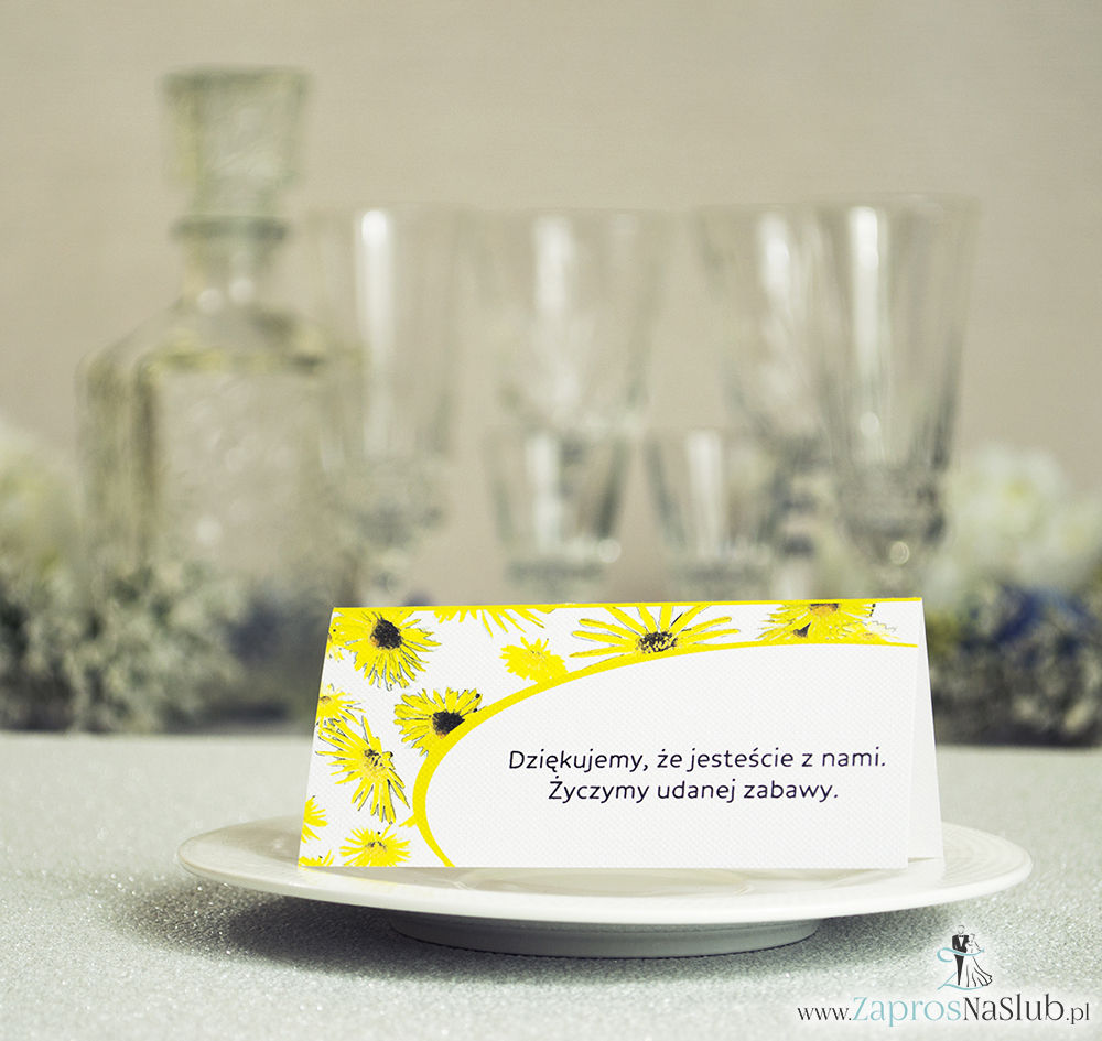 WIN-319 Kwiatowe winietki ślubne - składane na pół winietki z kwiatami słonecznika, prostokątem oraz malowaną kokardką - Zaproszenia ślubne - na ślub rew