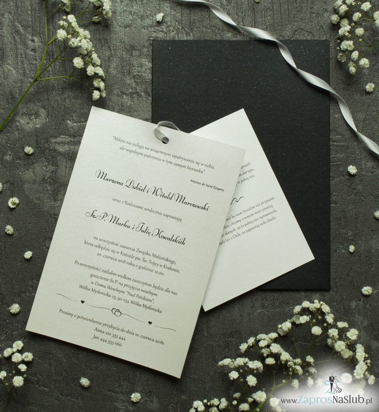 Zaproszenia ślubne w kopercie z czarnego papieru z błyszczącymi elementami. ZAP-62-88 - ZaprosNaSlub