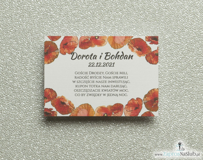 Kwiatowe bileciki do zaproszeń ślubnych – dodatkowe karteczki władane do zaproszeń z kwiatami maków - ZaprosNaSlub