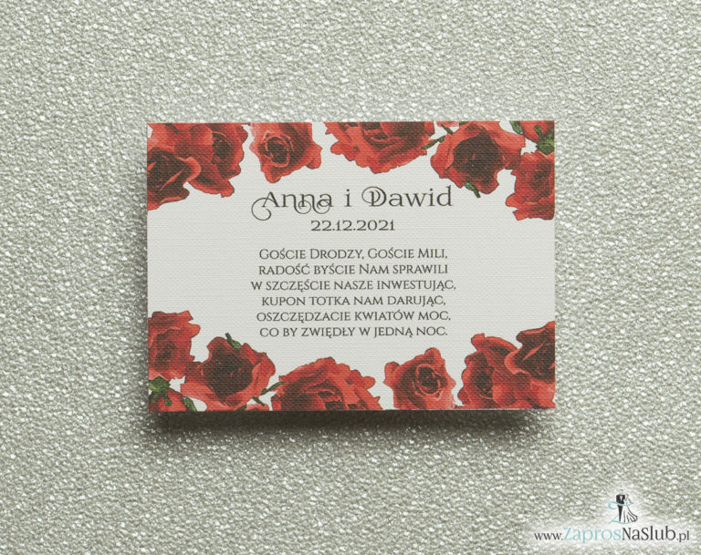 BIL-106 Kwiatowe bileciki do zaproszeń ślubnych - dodatkowe karteczki władane do zaproszeń z kwiatami róży - Zaproszenia ślubne na ślub