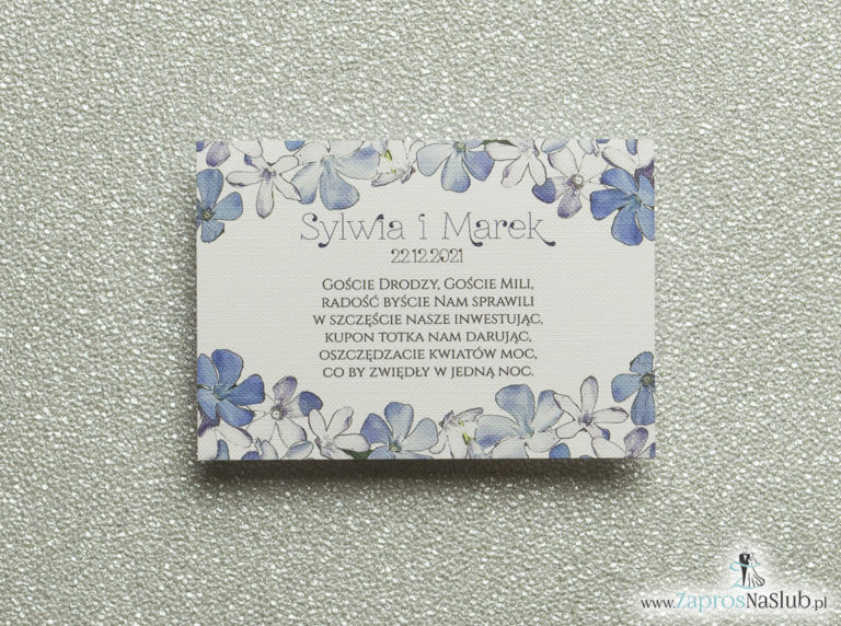 Kwiatowe bileciki do zaproszeń ślubnych – dodatkowe karteczki władane do zaproszeń z biało-niebieskimi kwiatami - ZaprosNaSlub