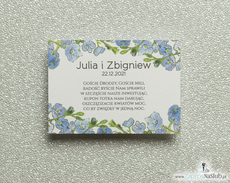 BIL-111 Kwiatowe bileciki do zaproszeń ślubnych - dodatkowe karteczki władane do zaproszeń z niebiesko-zielonymi kwiatami - Zaproszenia ślubne na ślub