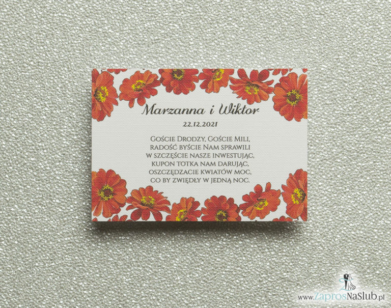 Kwiatowe bileciki do zaproszeń ślubnych - dodatkowe karteczki władane do zaproszeń z kwiatami gerbera