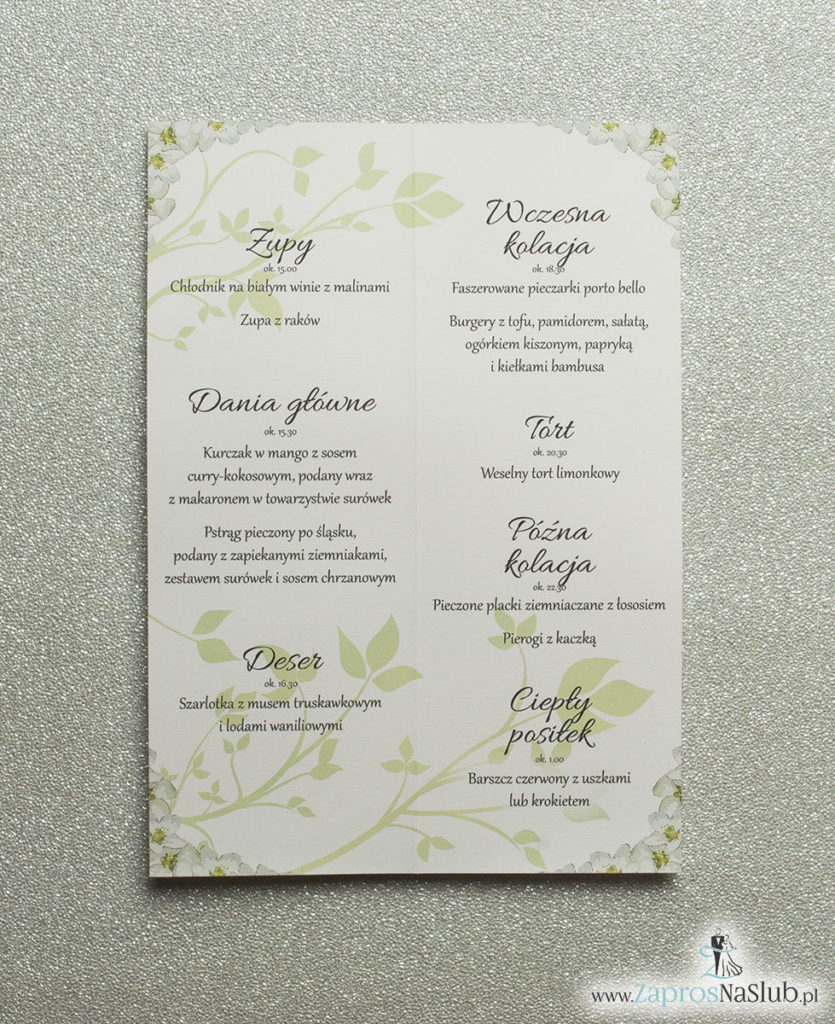 MEN-101 Kwiatowe menu weselne - składane na pół menu z kwiatami jabłoni oraz zieloną wstążką - zaproszenia ślubne na ślub rew