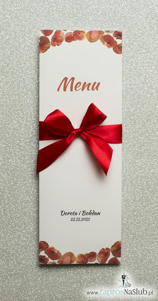 MEN-103 Kwiatowe menu weselne - składane na pół menu z kwiatami maków oraz czerwoną wstążką - zaproszenia ślubne na ślub