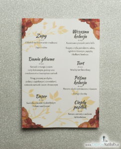 Kwiatowe menu weselne - składane na pół menu z kwiatami maków oraz czerwoną wstążką