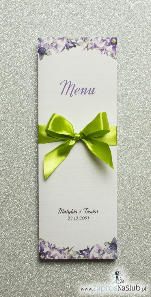 MEN-104 Kwiatowe menu weselne - składane na pół menu z fioletowo-zielonymi kwiatami oraz pistacjową wstążką - zaproszenia ślubne na ślub