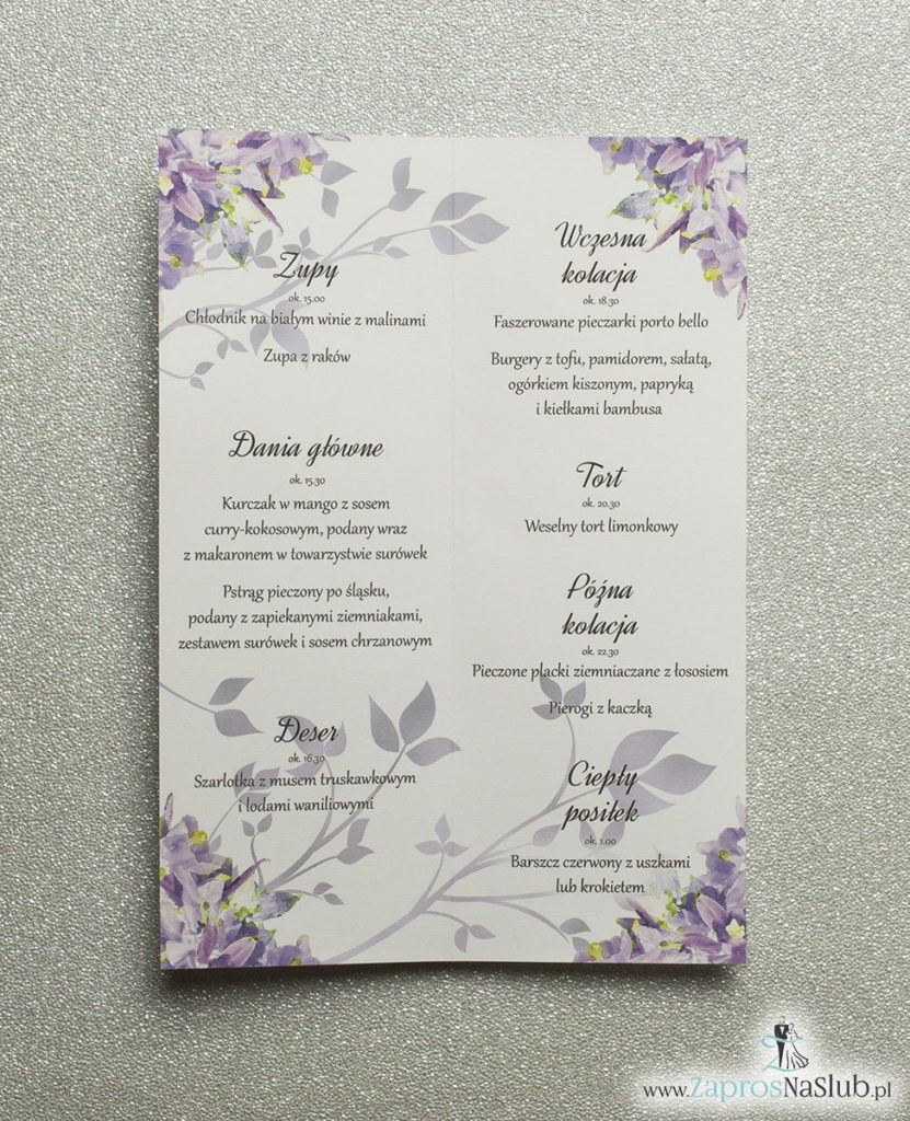 MEN-104 Kwiatowe menu weselne - składane na pół menu z fioletowo-zielonymi kwiatami oraz pistacjową wstążką - zaproszenia ślubne na ślub rew