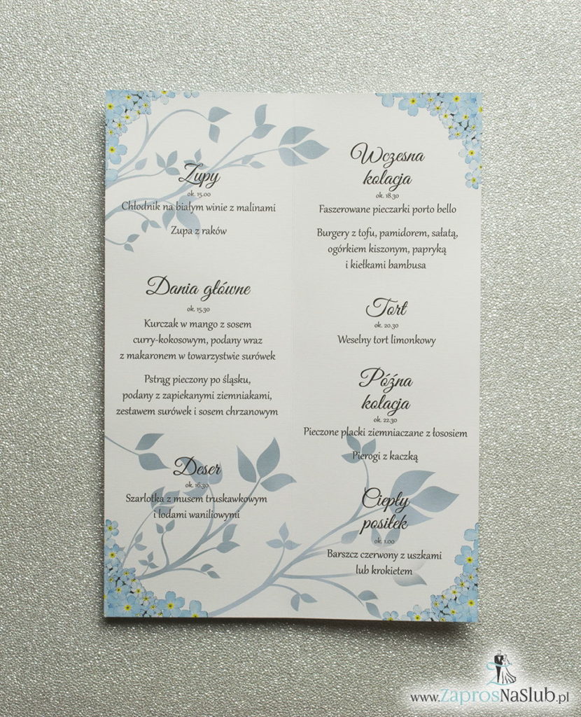MEN-105 Kwiatowe menu weselne - składane na pół menu z kwiatami niezapominajki oraz błękitną wstążką - Zaproszenia ślubne na ślub rew