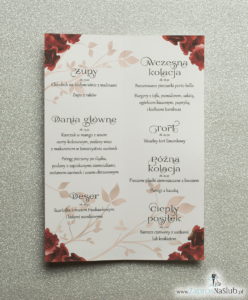 Kwiatowe menu weselne - składane na pół menu z kwiatami róży oraz czerwoną wstążką