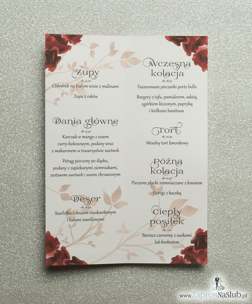 MEN-106 Kwiatowe menu weselne - składane na pół menu z kwiatami róży oraz czerwoną wstążką - zaproszenia ślubne na ślub rew