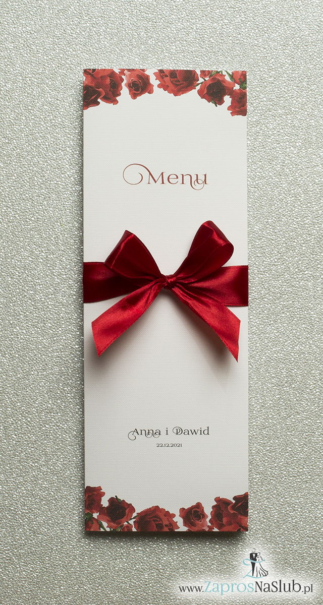 MEN-106 Kwiatowe menu weselne - składane na pół menu z kwiatami róży oraz czerwoną wstążką - zaproszenia ślubne na ślub