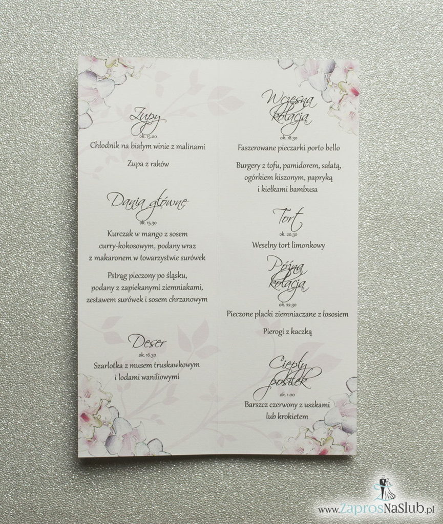 MEN-107 Kwiatowe menu weselne - składane na pół menu z różowo-białymi kwiatami oraz białą wstążką - Zaproszenia ślubne na ślub rew