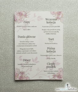 Kwiatowe menu weselne - składane na pół menu z motywem różowych kwiatów oraz różową wstążką