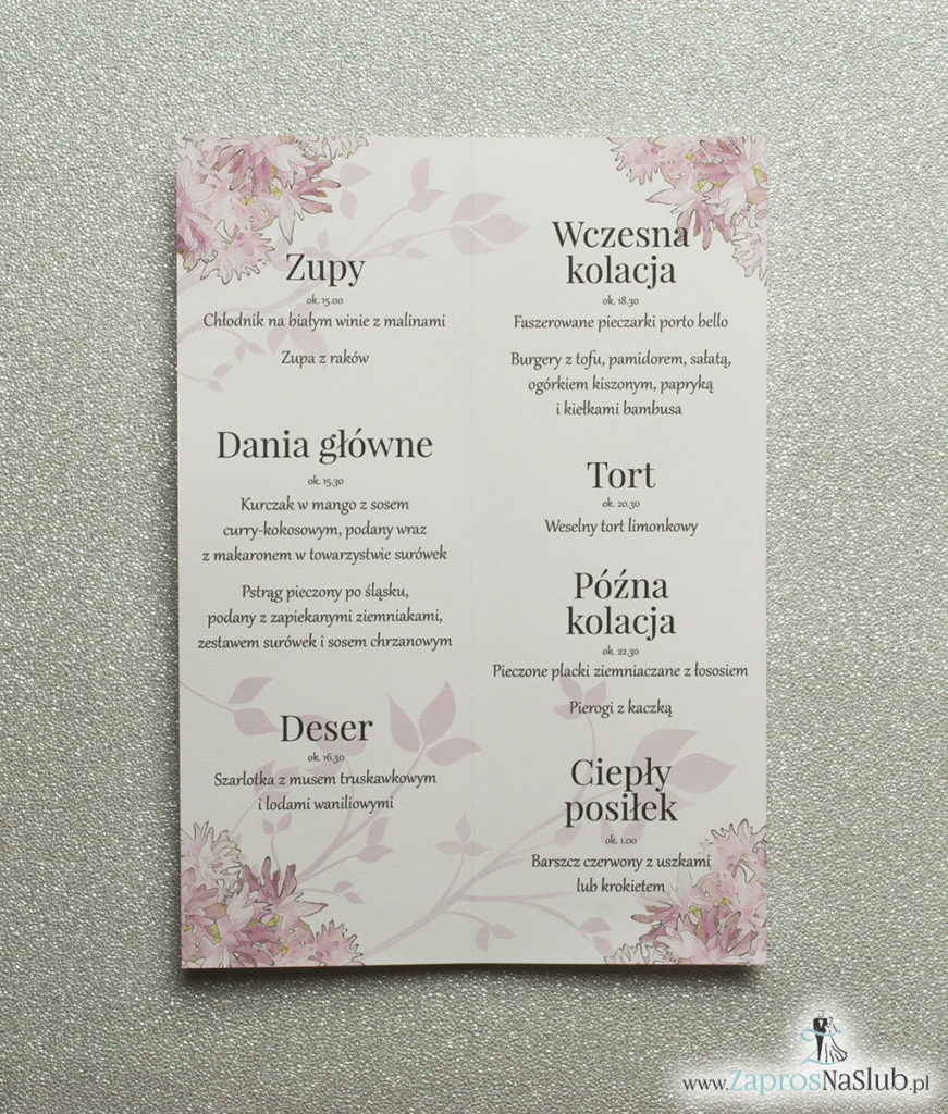 MEN-109 Kwiatowe menu weselne - składane na pół menu z motywem różowych kwiatów oraz różową wstążką - zaproszenia ślubne na ślub rew