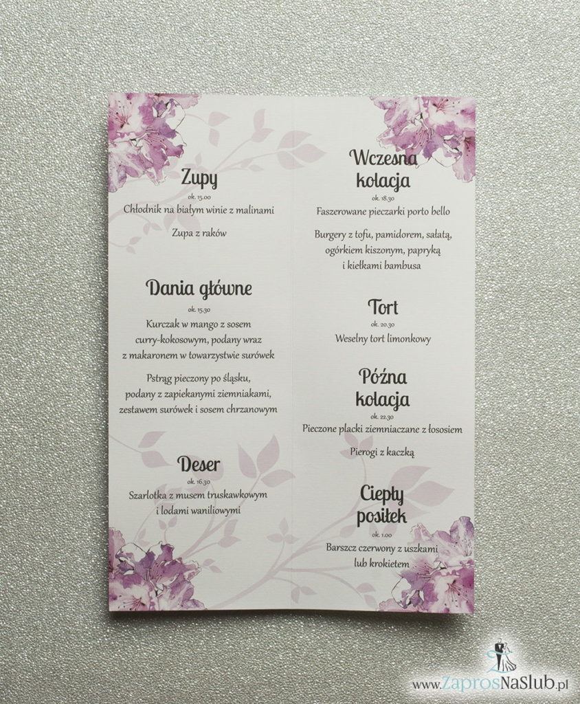 MEN-113 Kwiatowe menu weselne - składane na pół menu z kwiatami rododendronu oraz malinową wstążką - zaproszenia ślubne na ślub rew