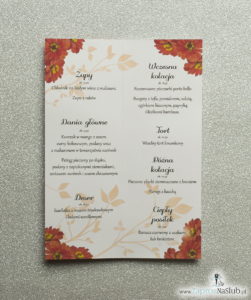 Kwiatowe menu weselne - składane na pół menu z kwiatami gerbera oraz czerwoną wstążką