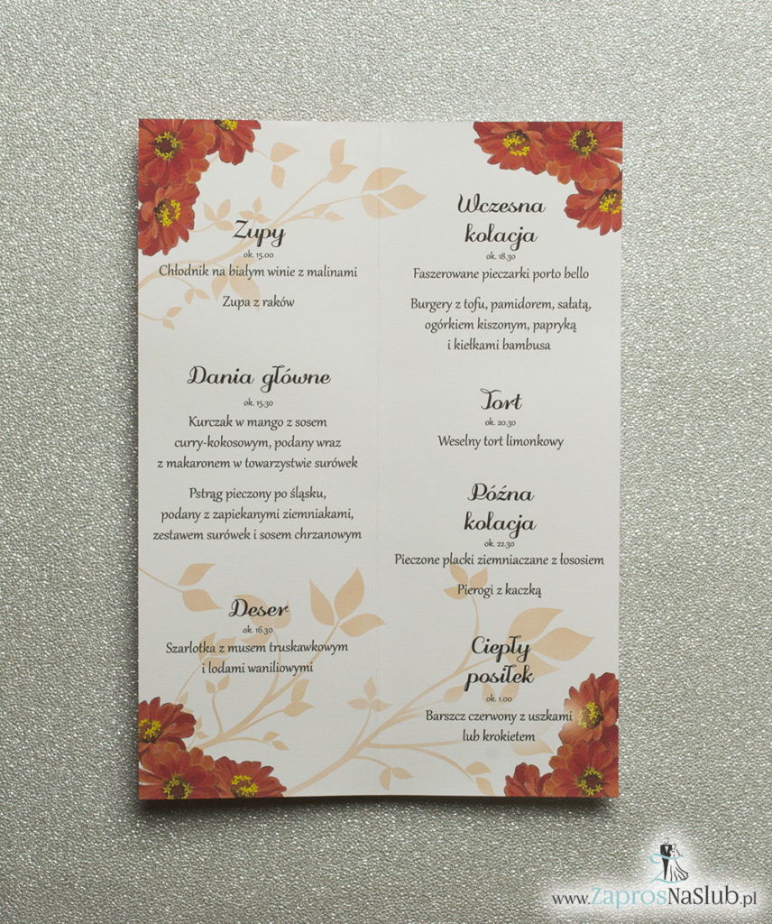 MEN-114 Kwiatowe menu weselne - składane na pół menu z kwiatami gerbera oraz czerwoną wstążką - zaproszenia ślubne na ślub rew