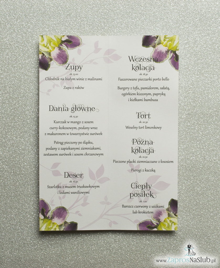 MEN-115 Kwiatowe menu weselne - składane na pół menu z kwiatami irysa oraz żółtą wstążką - zaproszenia ślubne na ślub rew