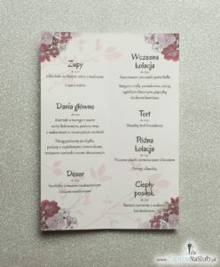Kwiatowe menu weselne - składane na pół menu z kwiatami goździków oraz ciemnoczerwoną wstążką