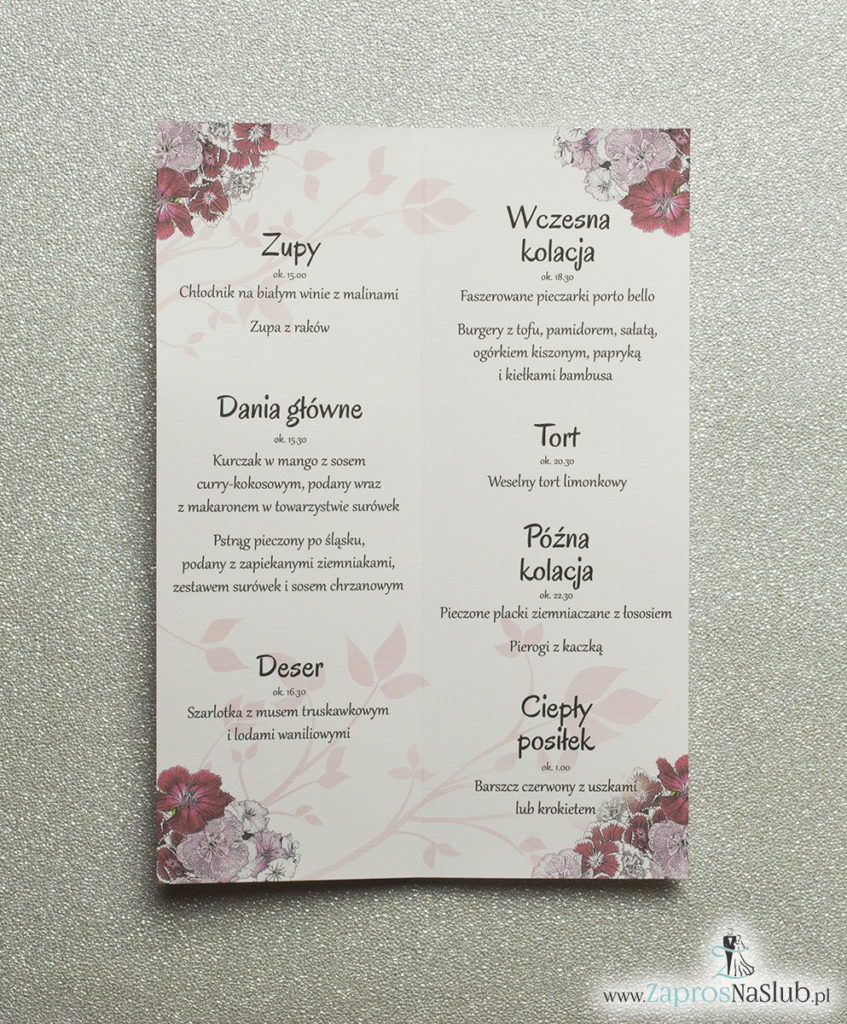 MEN-116 Kwiatowe menu weselne - składane na pół menu z kwiatami goździków oraz ciemnoczerwoną wstążką - zaproszenia ślubne na ślub rew