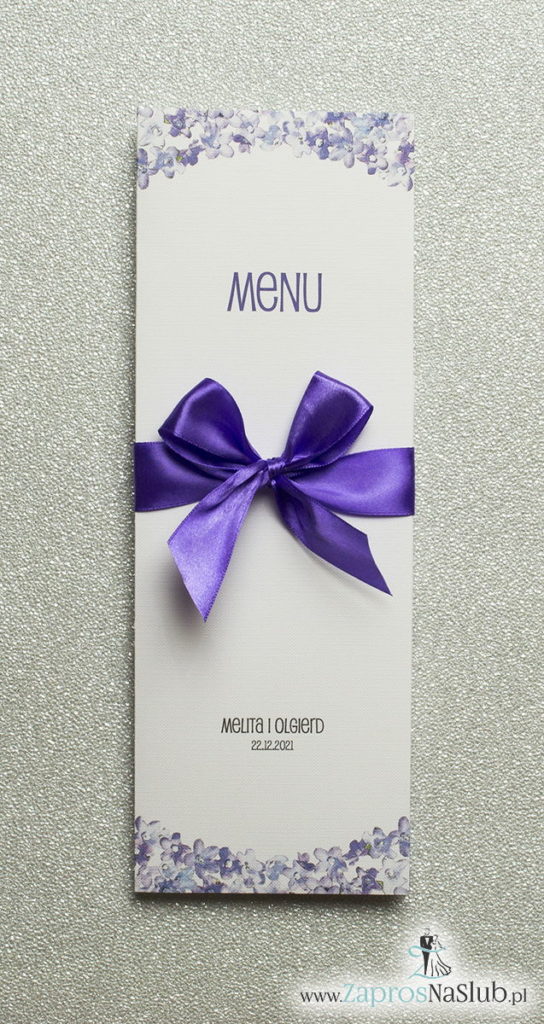 MEN-117 Kwiatowe menu weselne - składane na pół menu z polnymi kwiatami oraz ciemnofioletową wstążką - Zaproszenia ślubne na ślub