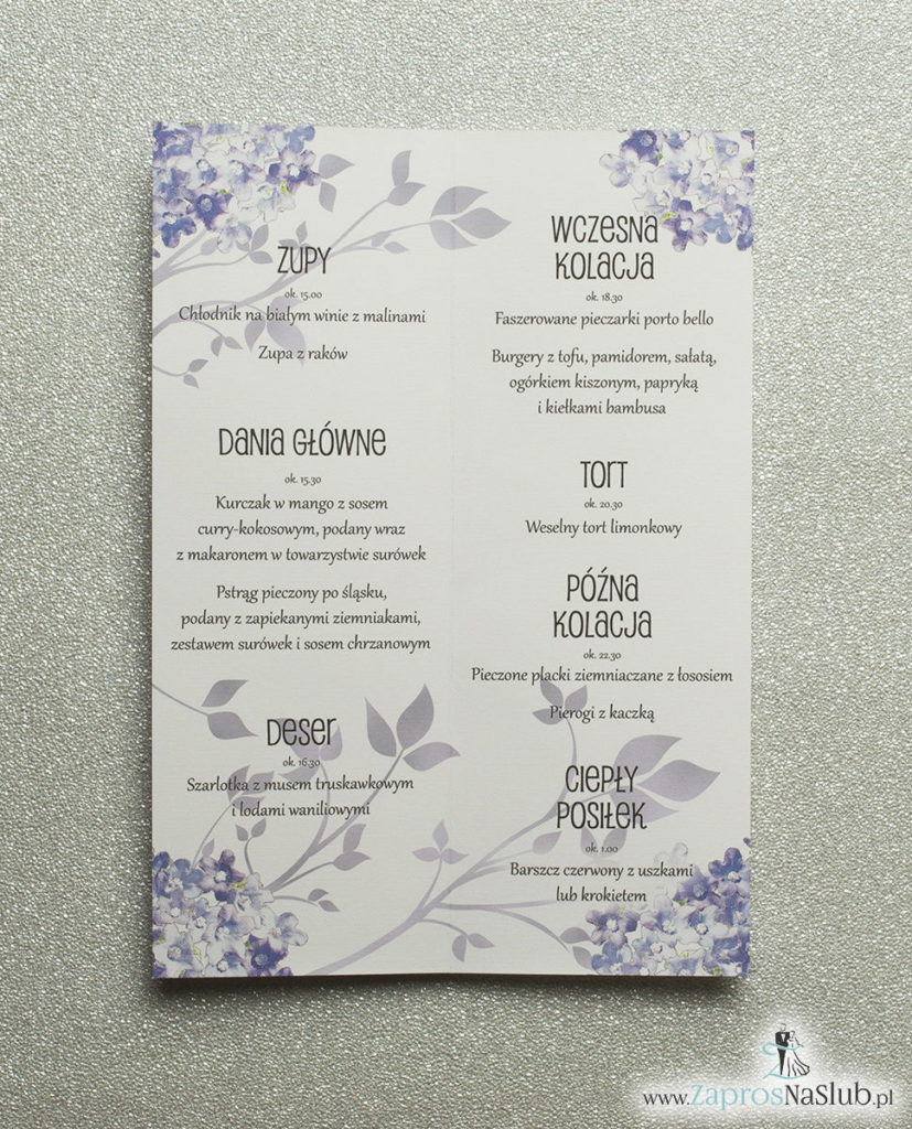 MEN-117 Kwiatowe menu weselne - składane na pół menu z polnymi kwiatami oraz ciemnofioletową wstążką - Zaproszenia ślubne na ślub rew