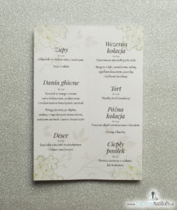 Kwiatowe menu weselne - składane na pół menu z kwiatami kaliny oraz błękitną wstążką