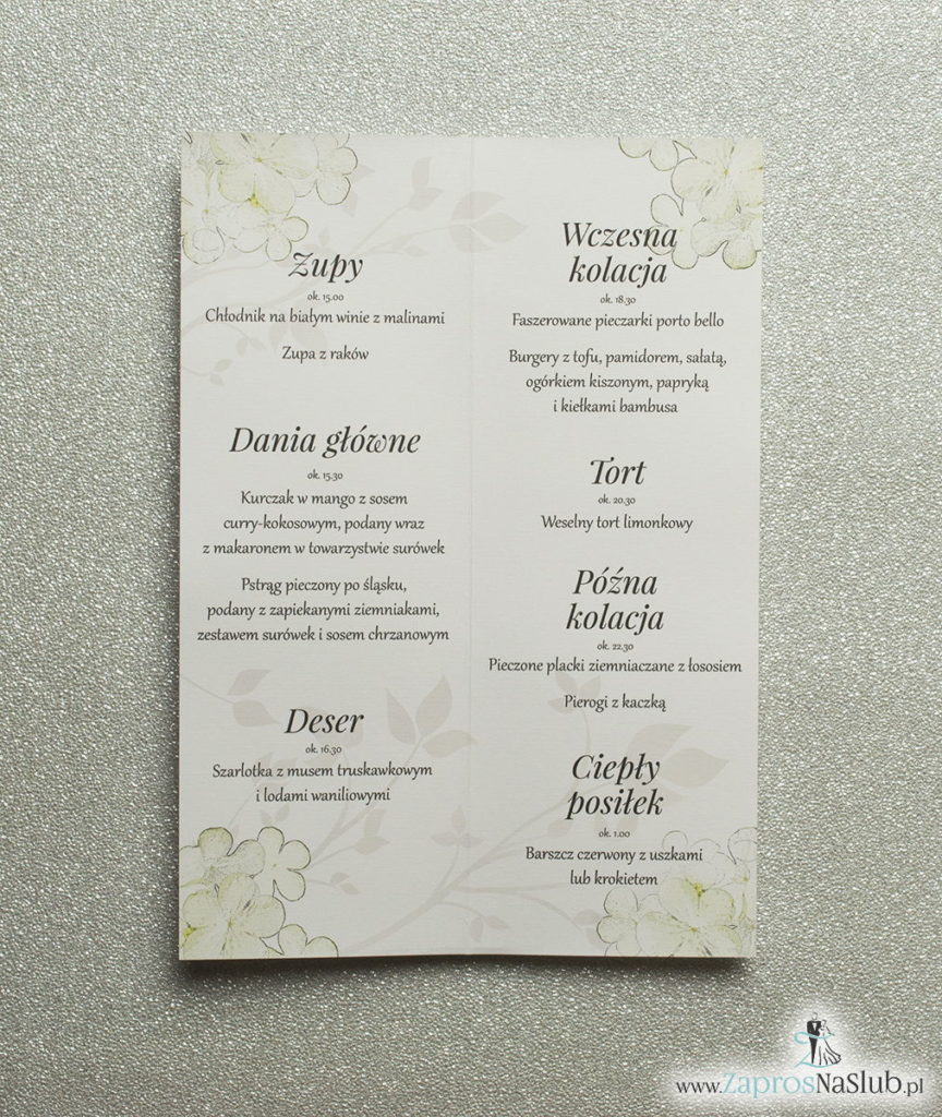 MEN-118 Kwiatowe menu weselne - składane na pół menu z kwiatami kaliny oraz błękitną wstążką - Zaproszenia ślubne na ślub rew