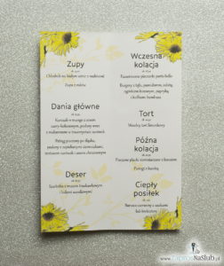 Kwiatowe menu weselne - składane na pół menu z kwiatami słonecznika oraz żółtą wstążką