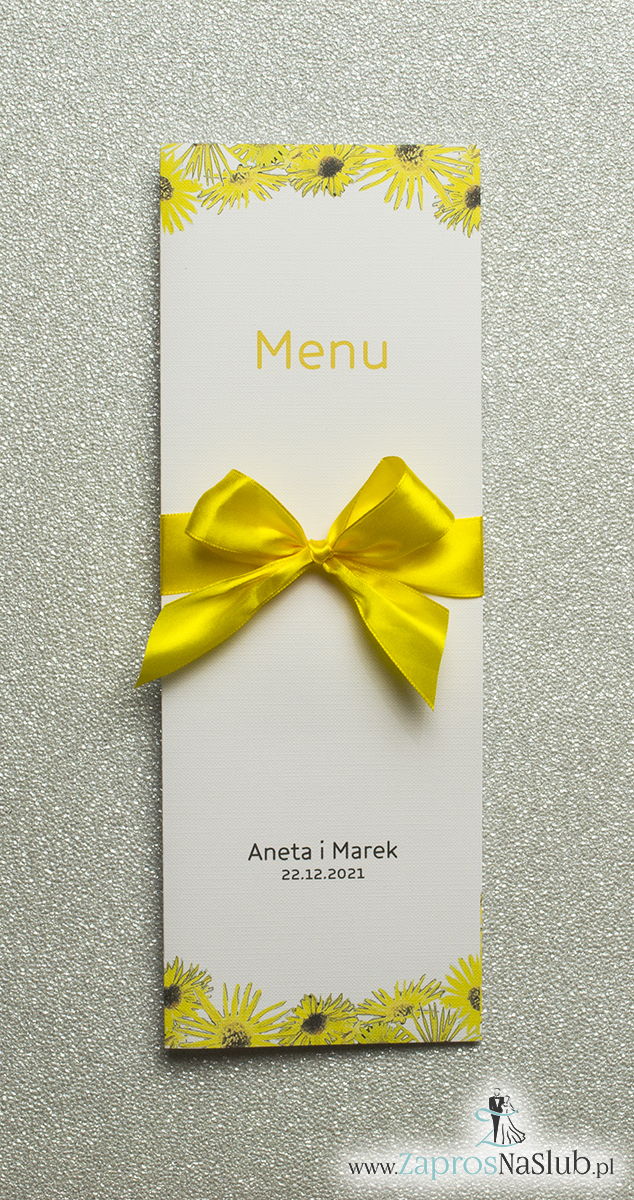 Kwiatowe menu weselne – składane na pół menu z kwiatami słonecznika oraz żółtą wstążką - ZaprosNaSlub