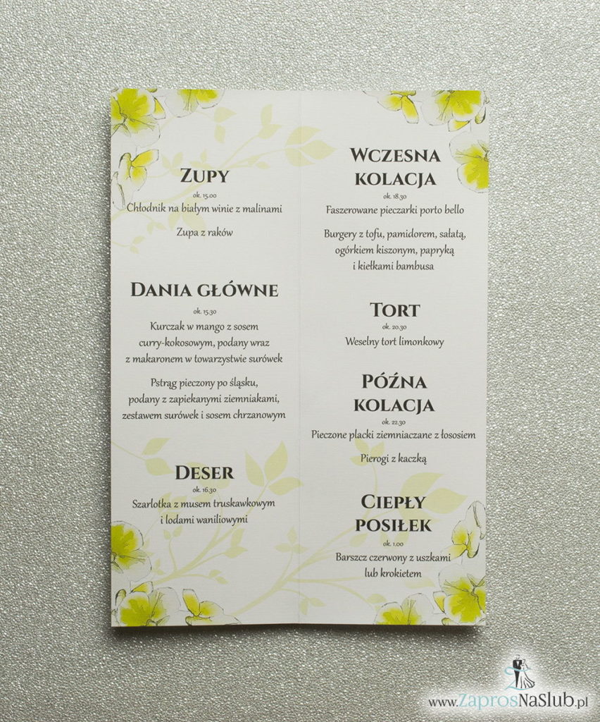 MEN-120 Kwiatowe menu weselne - składane na pół menu z kwiatami bratków oraz zieloną wstążką - zaproszenia ślubne na ślub rew