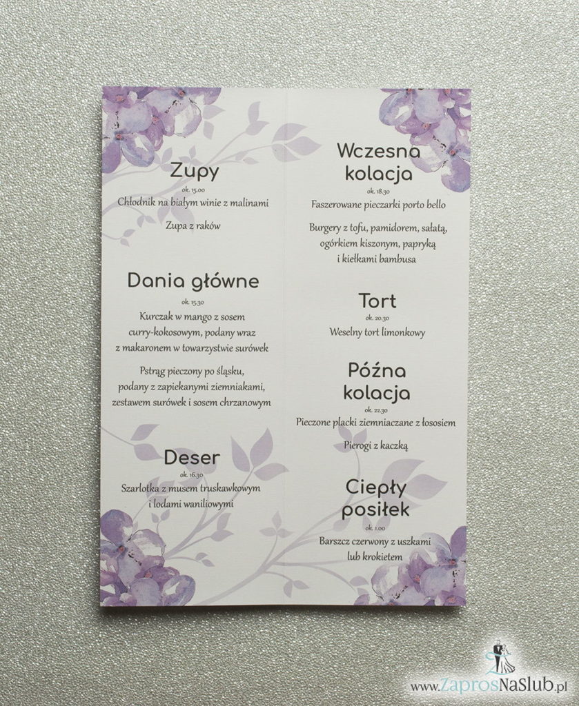 MEN-121 Kwiatowe menu weselne - składane na pół menu z kwiatami bzu oraz różową wstążką - zaproszenia ślubne na ślub rew