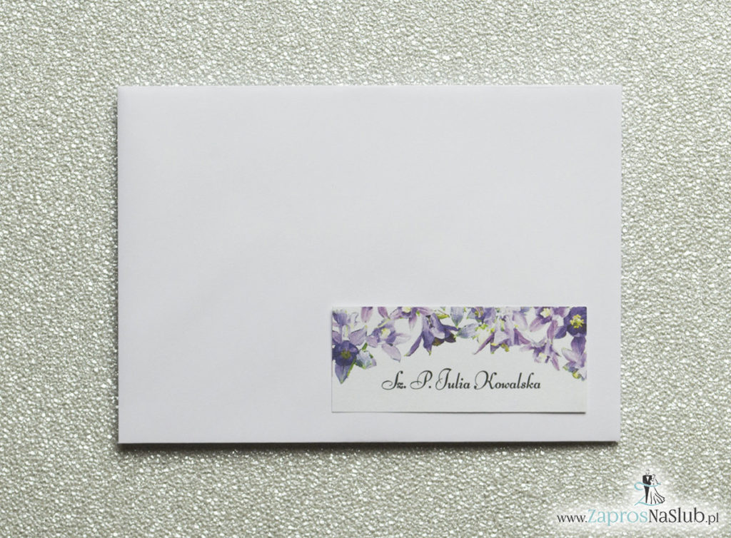 NAK-104 Kwiatowe naklejki na koperty - personalizacja kopert naklejką z fioletowo-zielonymi kwiatami - Zaproszenia ślubne na ślub