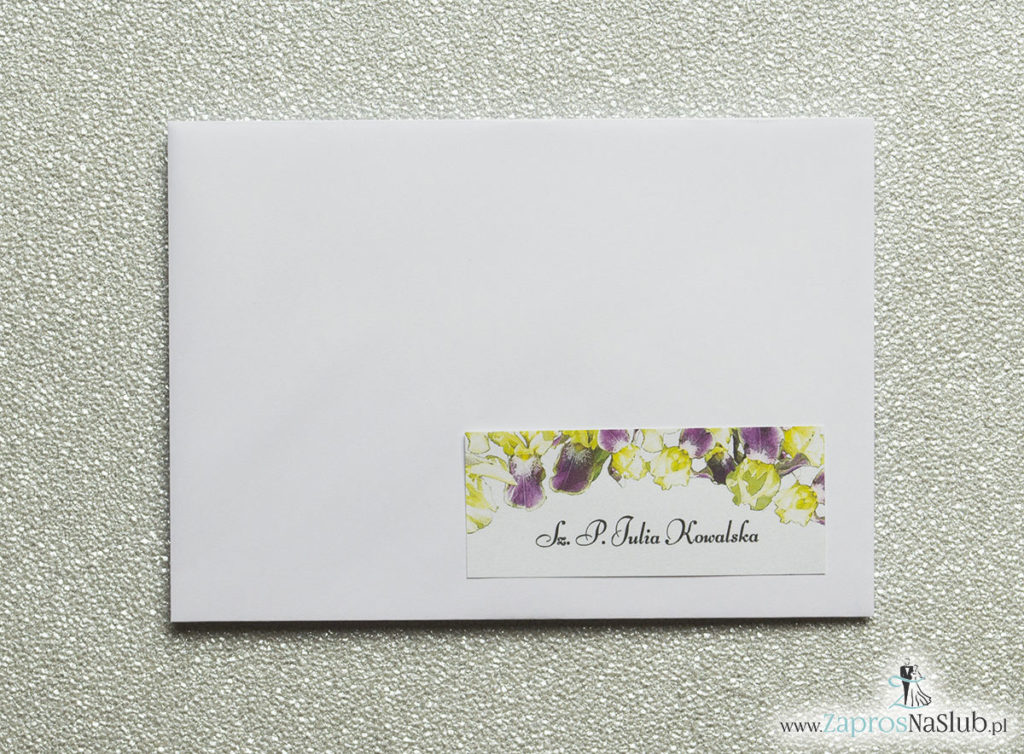 NAK-115 Kwiatowe naklejki na koperty - personalizacja kopert naklejką z kwiatami irysa - Zaproszenia ślubne na ślub