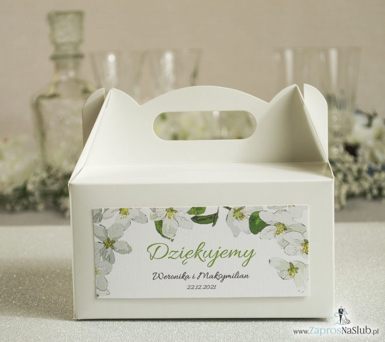 Kwiatowe pudełka na ciasta - podziękowania dla gości w formie pudełek na ciasto z motywem kwiatów jabłoni