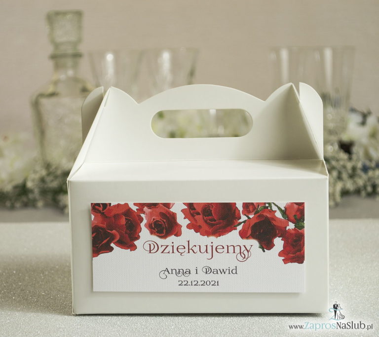 Kwiatowe pudełka na ciasta – podziękowania dla gości w formie pudełek na ciasto z motywem kwiatów róży - ZaprosNaSlub
