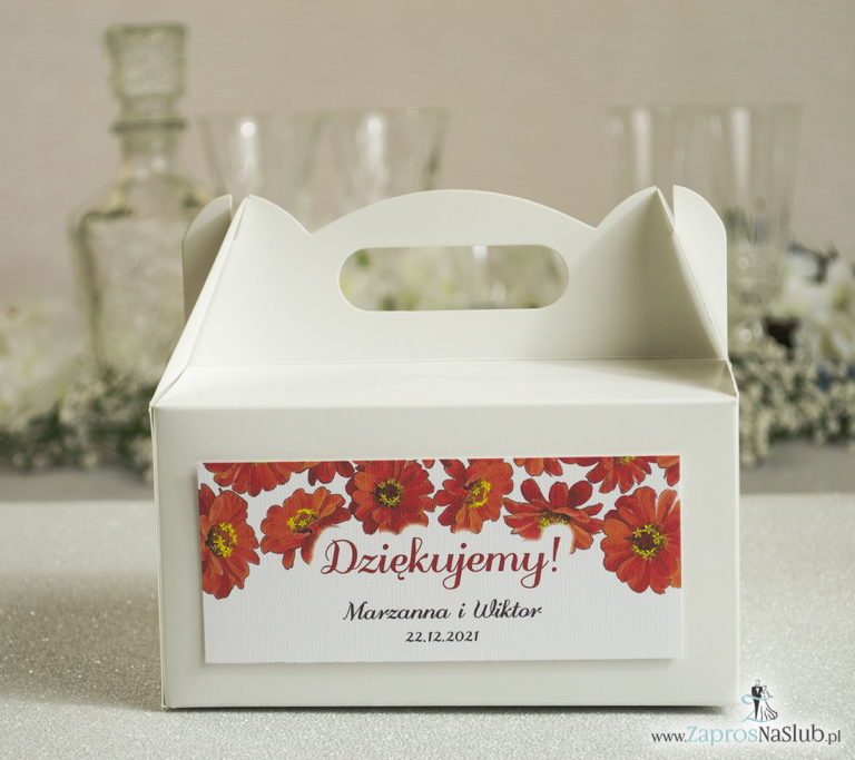 Kwiatowe pudełka na ciasta – podziękowania dla gości w formie pudełek na ciasto z motywem kwiatów gerbera - ZaprosNaSlub