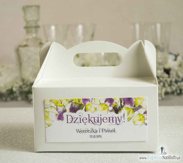 Kwiatowe pudełka na ciasta – podziękowania dla gości w formie pudełek na ciasto z motywem kwiatów irysów - ZaprosNaSlub