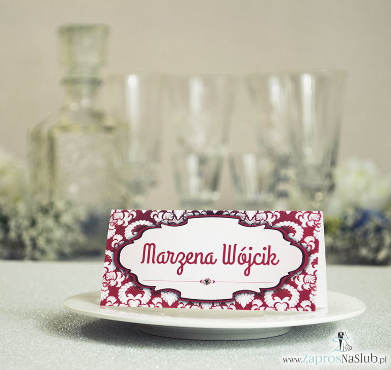 Eleganckie winietki ślubne z czerwono-białym ornamentem i cyrkonią - ZaprosNaSlub