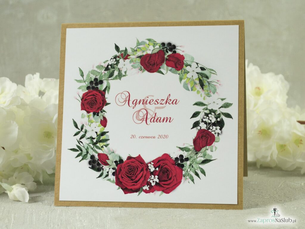 Zaproszenie ślubne eko z przyklejanym motywem tekstowym z czerwonymi różami oraz białymi makami ZAP-38-01-min
