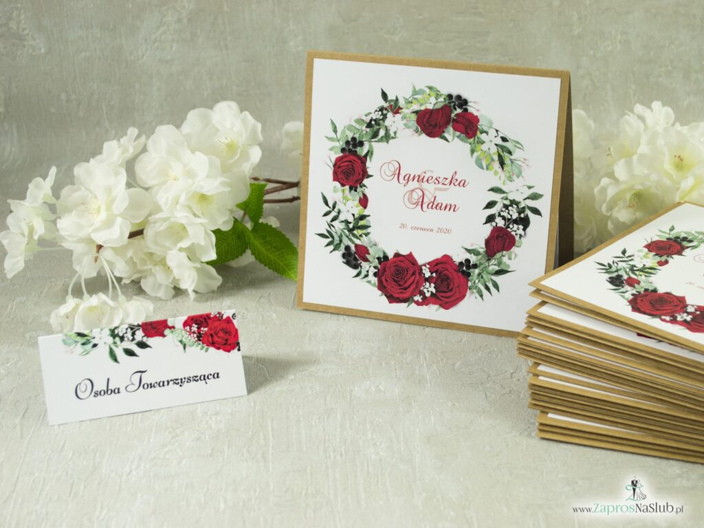 Zaproszenie ślubne eko z przyklejanym motywem tekstowym z czerwonymi różami oraz białymi makami, winietka SERIA-38-01-min