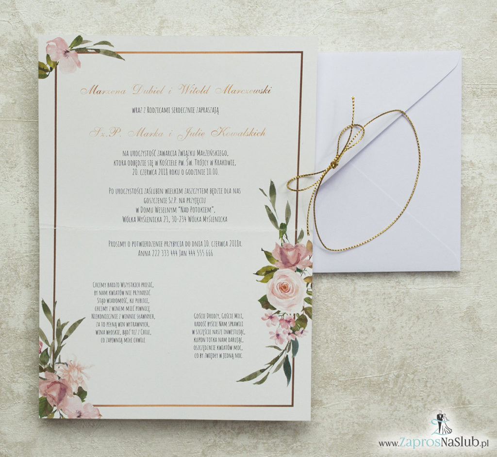 geometryczne-zaproszenia-ślubne-kwiatowe-złoty-sznurek-róże-elipsy-biała-koperta-wnętrze